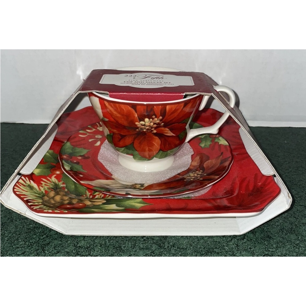 NWT Vintage 222 Fifth Red Floral Mug and Saucer Set Porcelain
